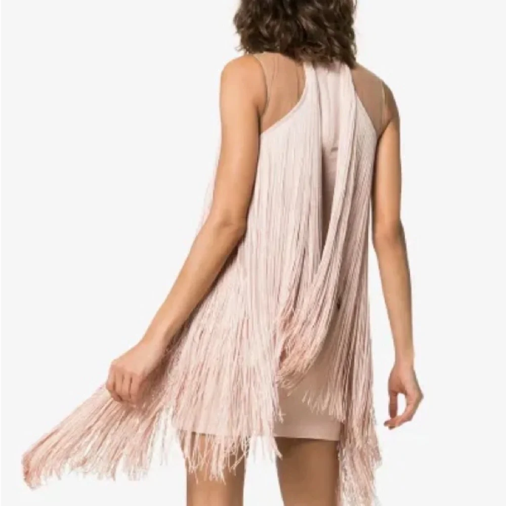 Sleeveless Illusion Wing Fringe Stretch-cady Mini Dress - Picture 5 of 13